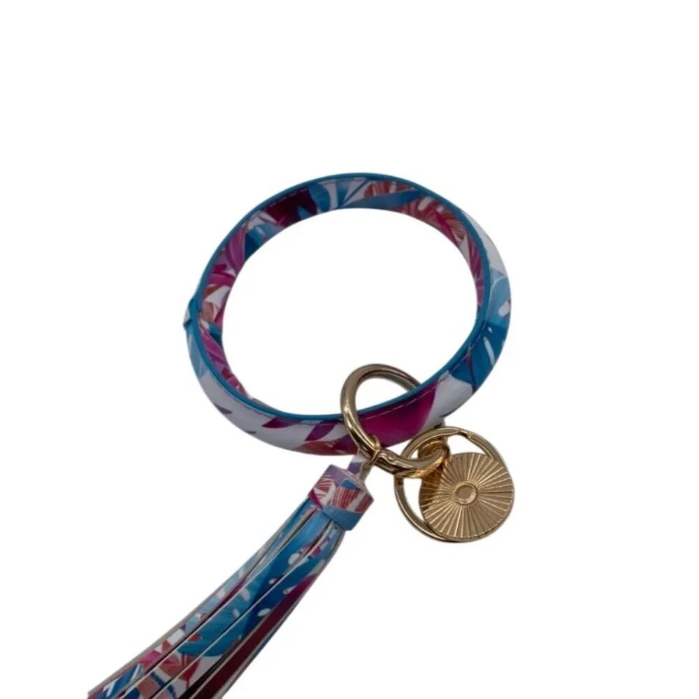 Leather‎ Tassel Bangle Keychain Beach Leaves Design Gold Charms & Rings Wristlet